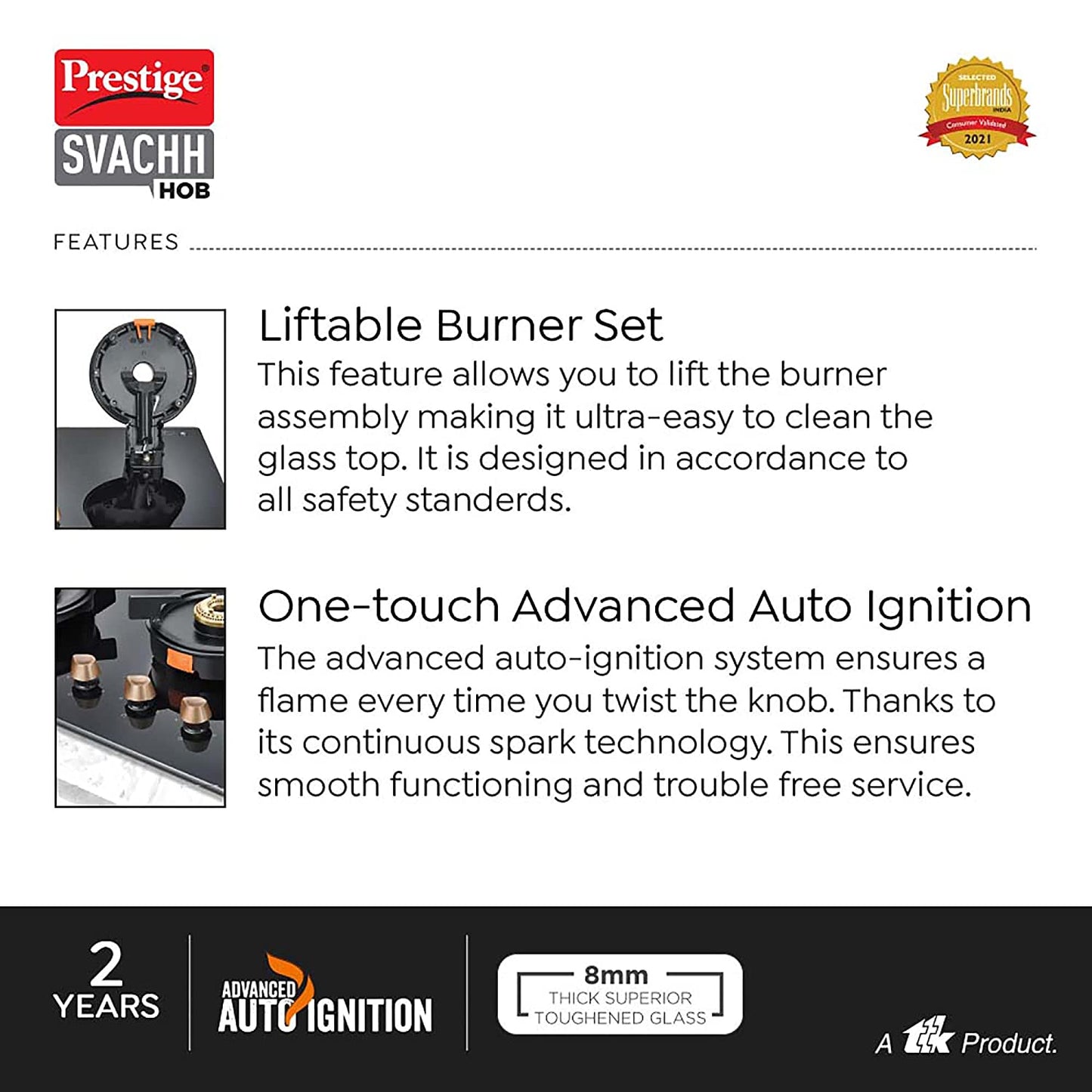 Prestige Svachh Hob PSVH 03 AI Toughened Glass Top Hob Gas Stove with One-Touch Advanced Auto-Ignition, 3 Burners