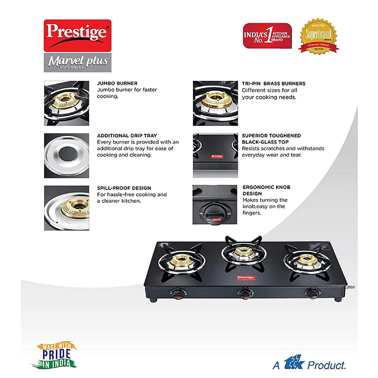 Prestige Marvel Plus GTM 03L Black Toughened Glass Top Gas Stove, 3 Burner
