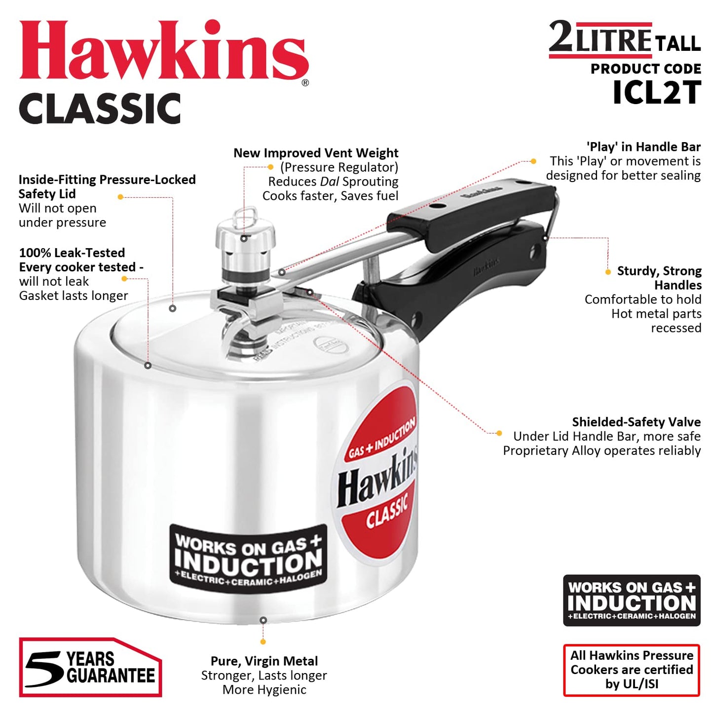 Hawkins Classic Aluminium Induction Base Inner Lid Pressure Cooker, 2 Litres Tall