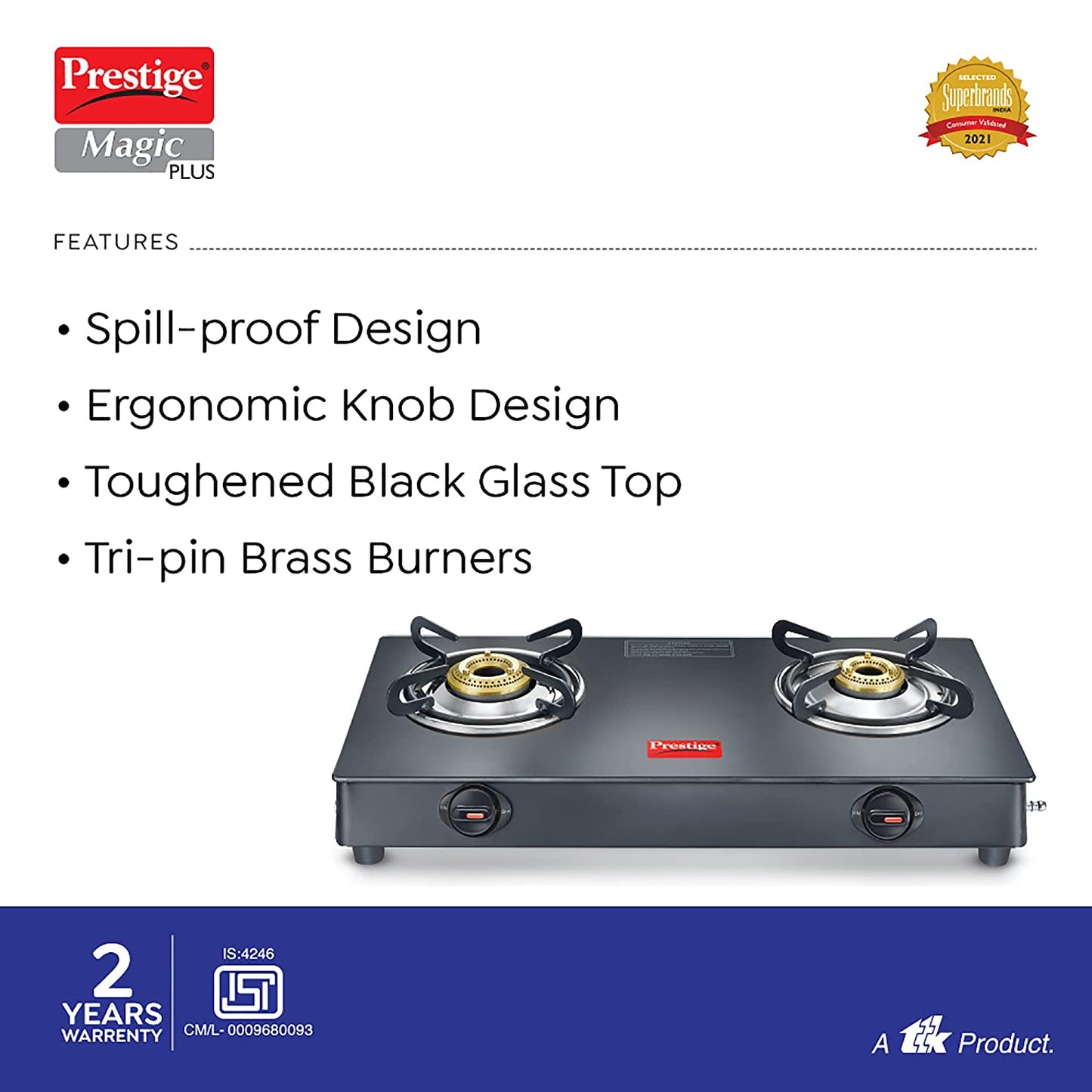 Prestige Magic Plus GTMP 02 Toughened Glass Top Gas Stove, 2 Burners