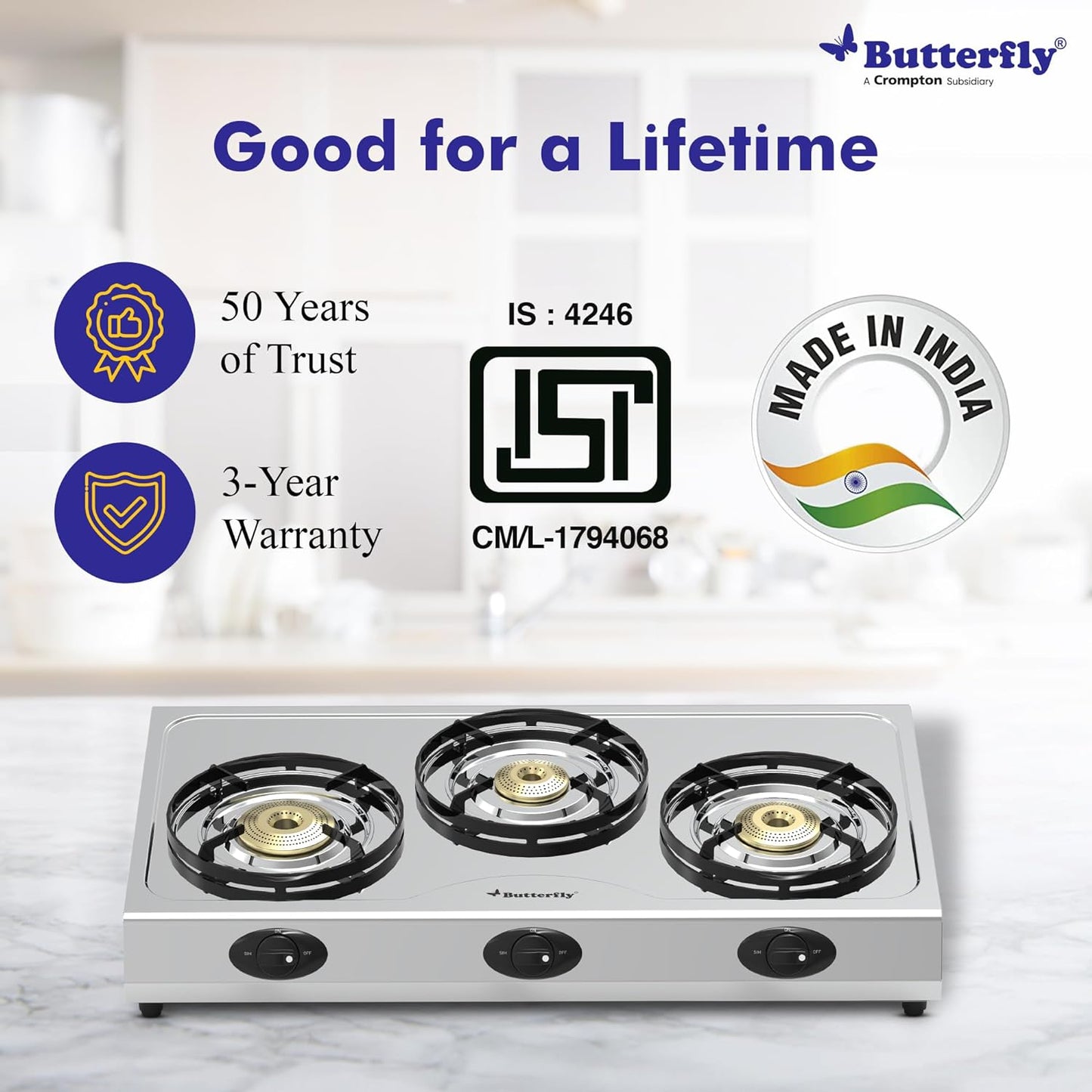 Butterfly Bolt Shakti Stainless Steel Gas Stove, 3 Burner