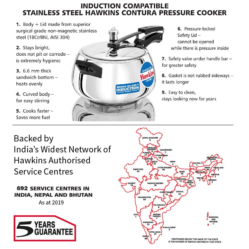 Hawkins Contura Stainless Steel Induction Base Inner Lid Pressure Cooker, 5 Litres
