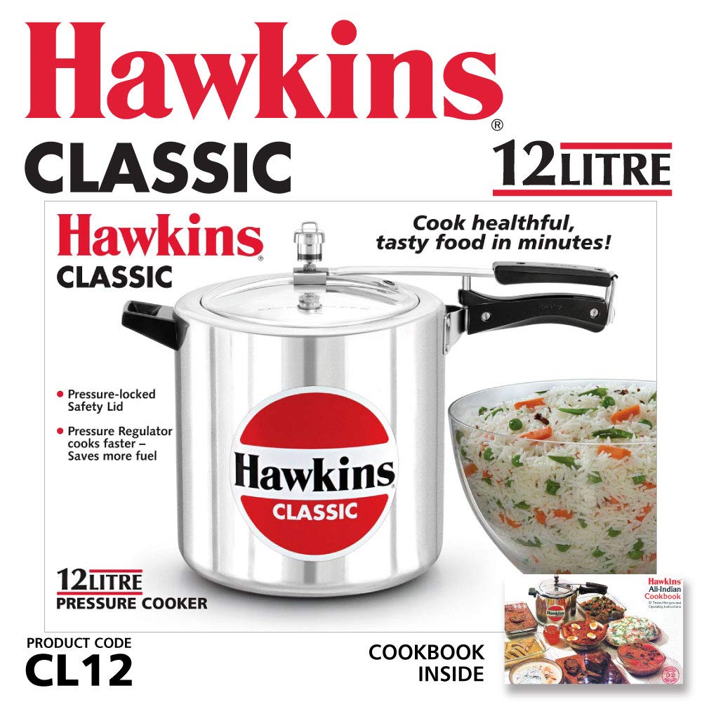 Hawkins Classic Aluminium Non-Induction Base Inner Lid Pressure Cooker, 12 Litres