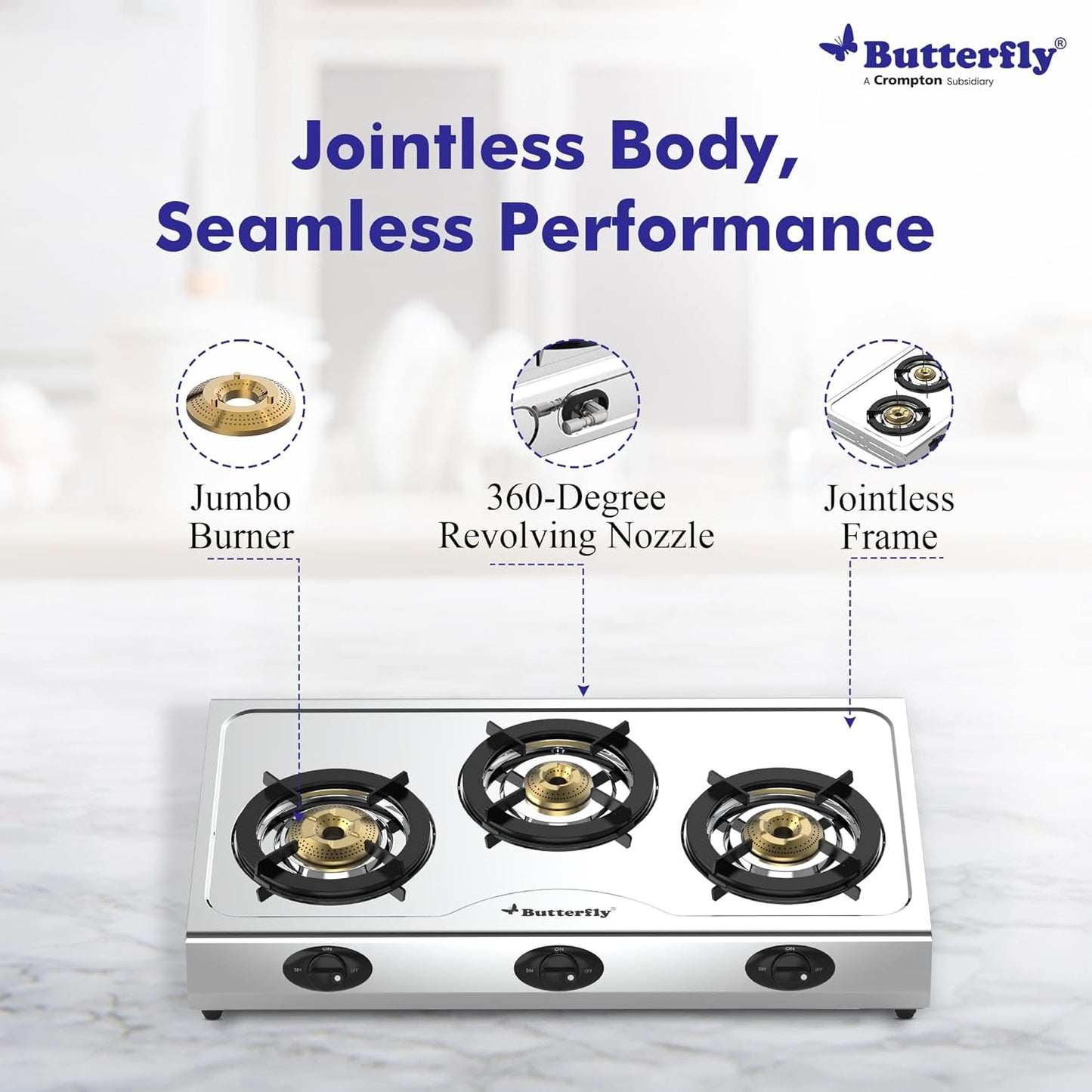 Butterfly Bolt Stainless Steel Gas Stove, 3 Burner