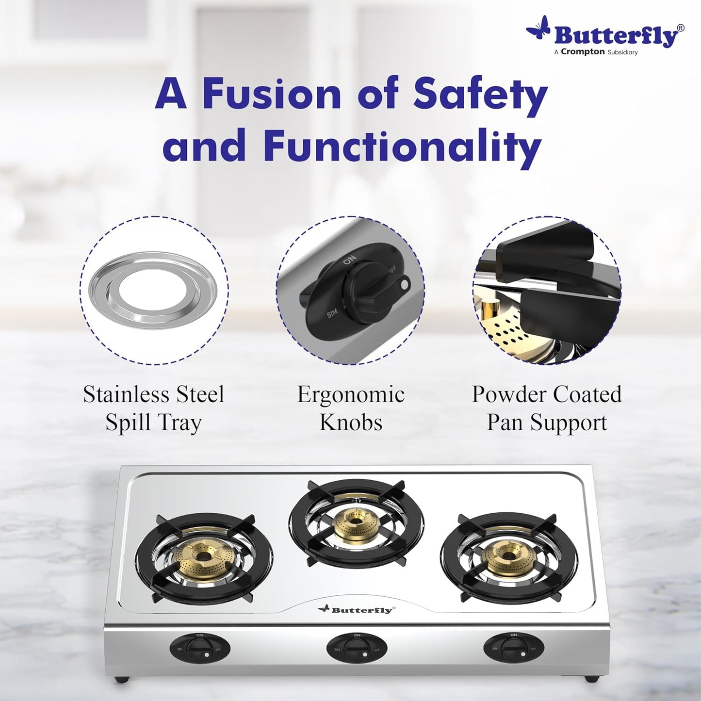 Butterfly Bolt Stainless Steel Gas Stove, 3 Burner