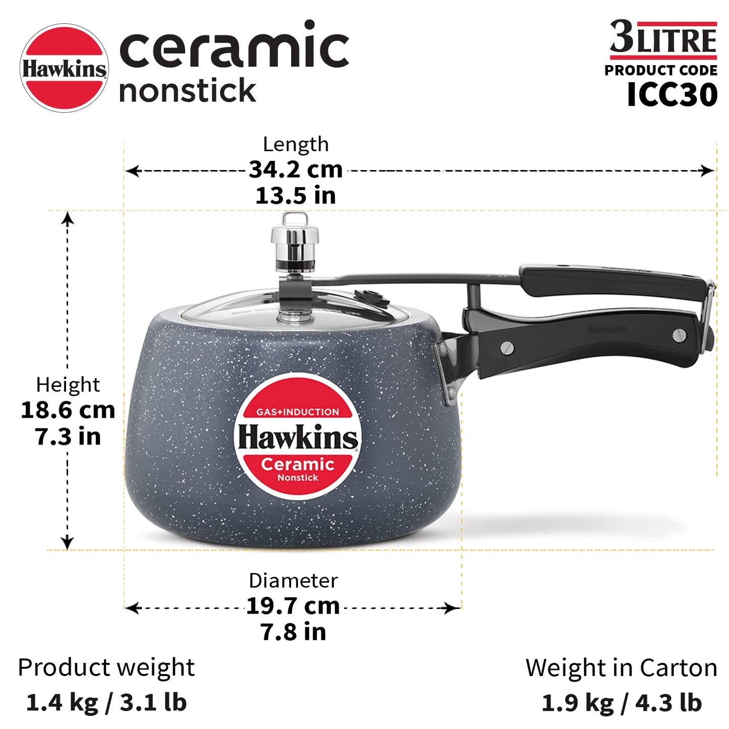 Hawkins Ceramic Nonstick Induction Base Inner Lid Pressure Cooker, 3 Litres