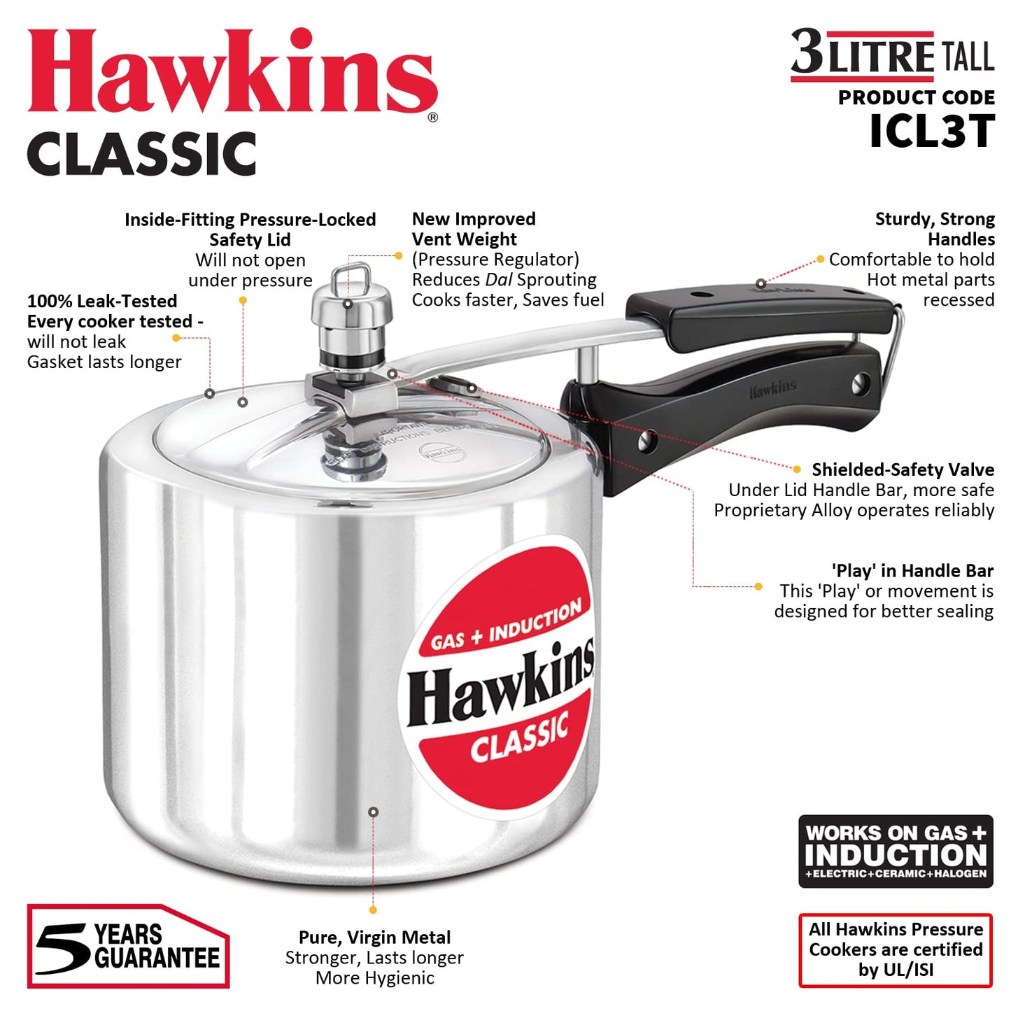 Hawkins Classic Aluminium Induction Base Inner Lid Pressure Cooker, 3 Litres Tall