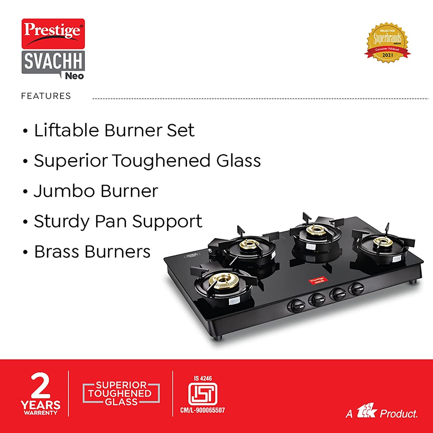 Prestige Svachh Neo GTSN 04L Toughened Glass Top Gas Stove with Liftable Burner Set, 4 Burners Long