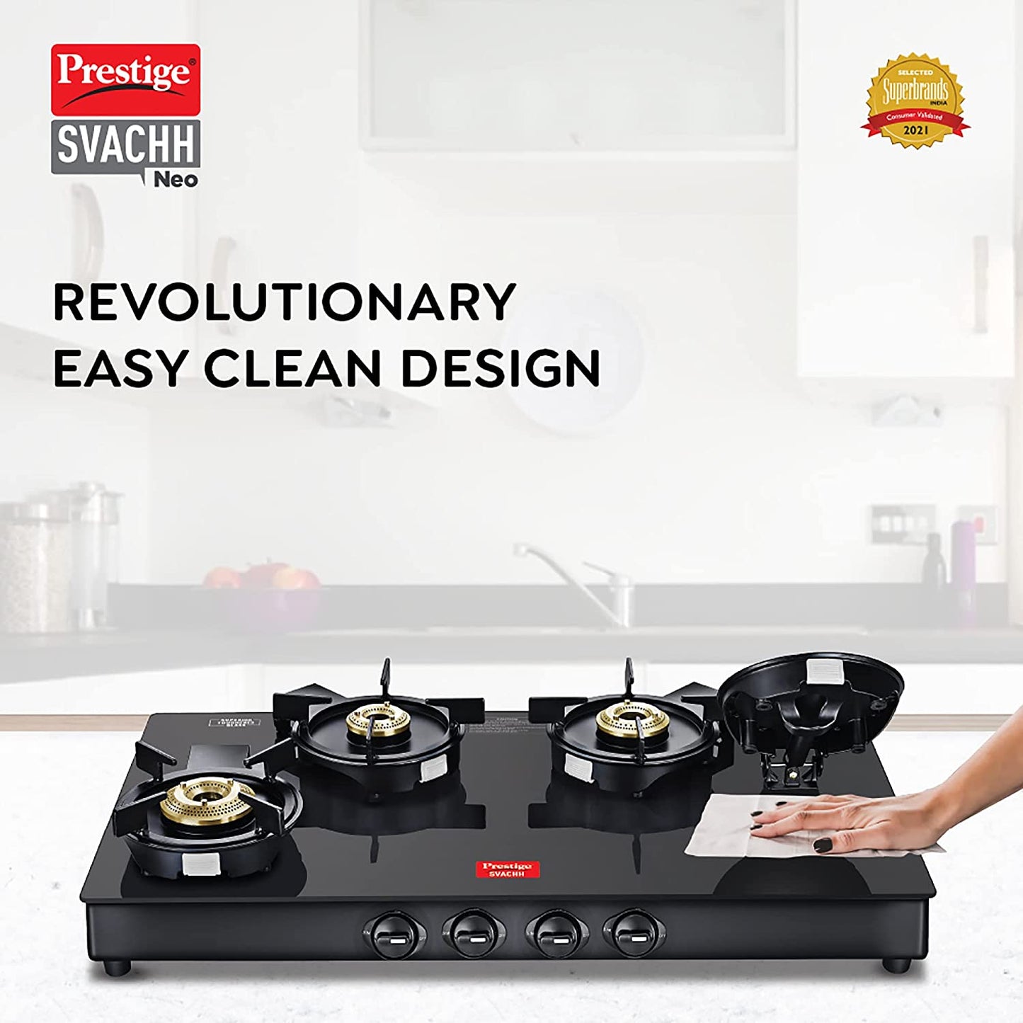 Prestige Svachh Neo GTSN 04L Toughened Glass Top Gas Stove with Liftable Burner Set, 4 Burners Long