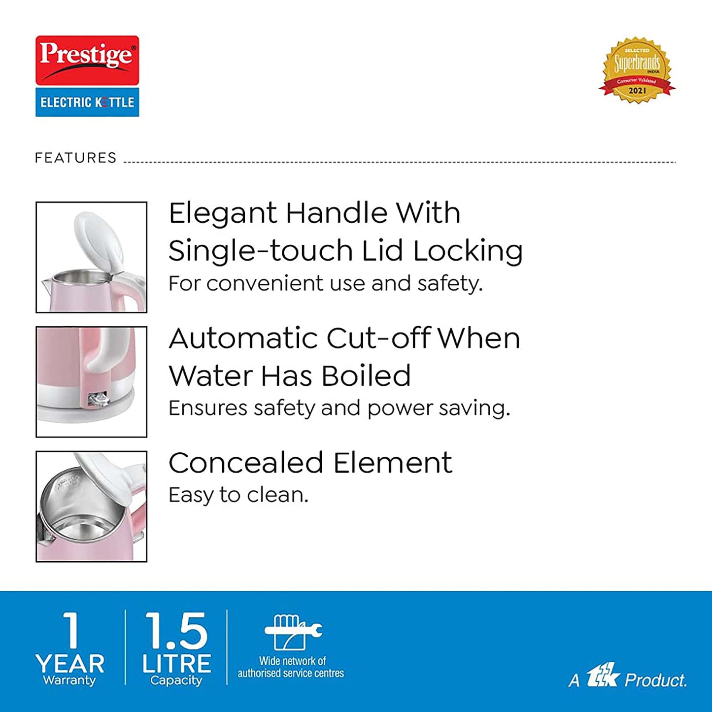 Prestige PKPC 1.5 Pink Electric Kettle, 1.5 Litres