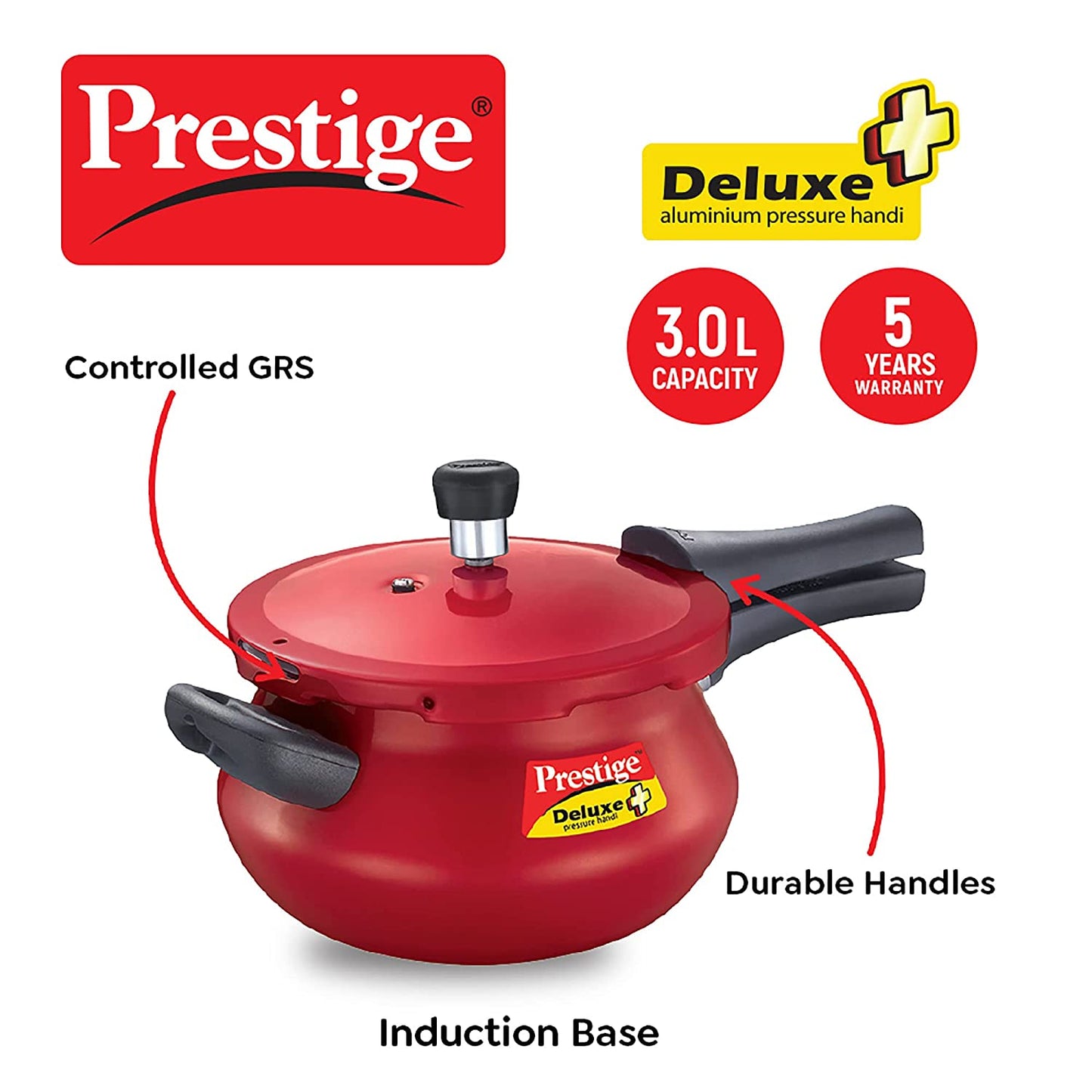 Prestige Deluxe Plus Aluminium Induction Base Outer Lid Pressure Cooker Mini Handi, 3 Litres
