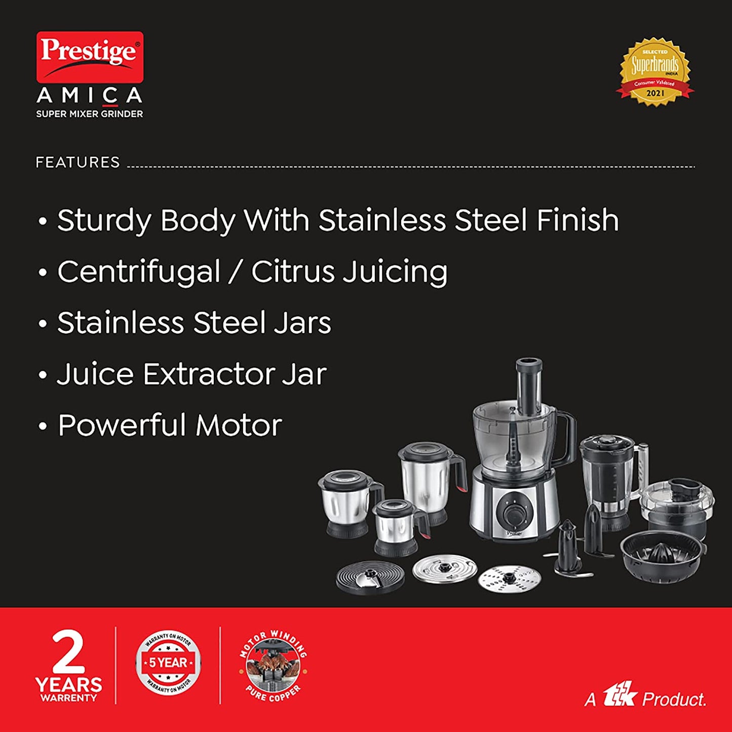 Prestige Amica Super Mixer Grinder, 1000W, 5 Jars
