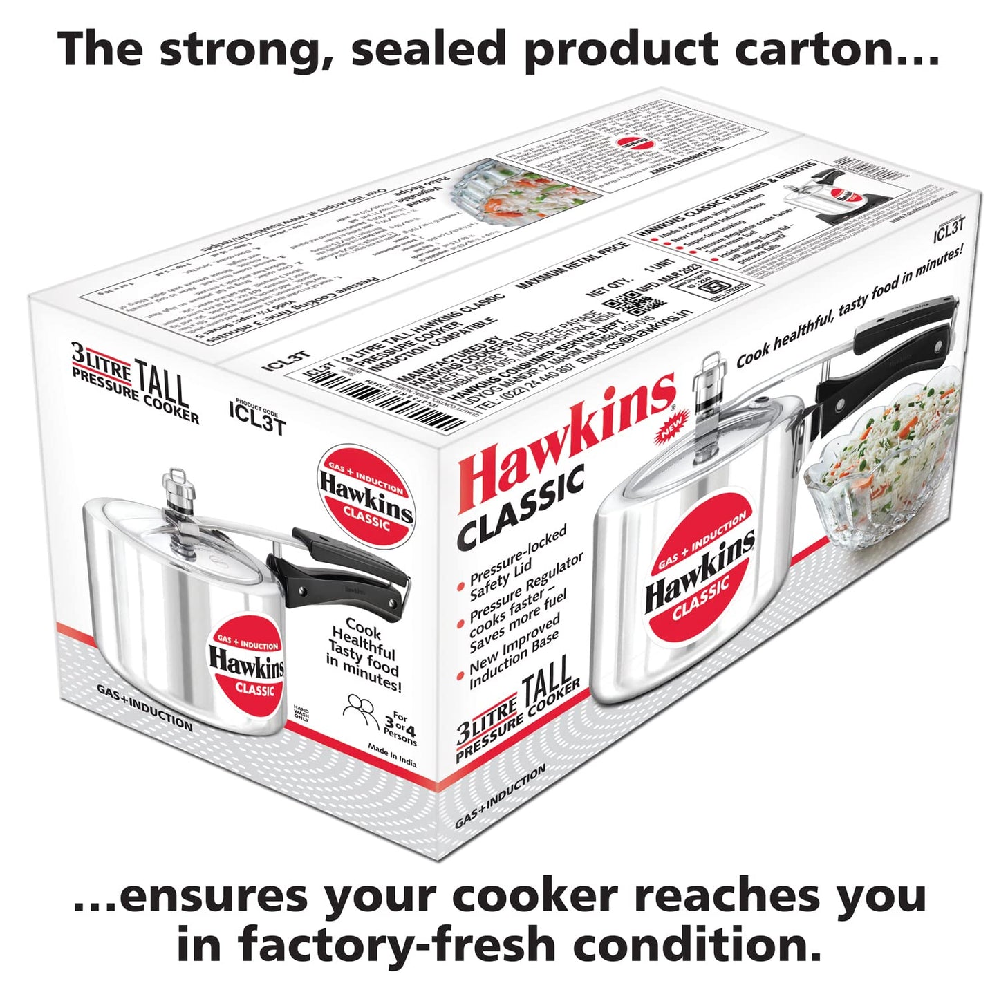 Hawkins Classic Aluminium Induction Base Inner Lid Pressure Cooker, 3 Litres Tall