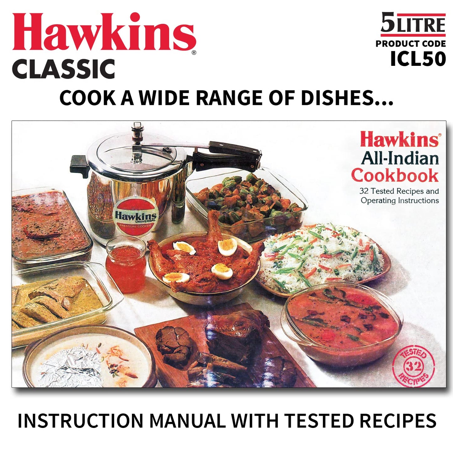 Hawkins Classic Aluminium Induction Base Inner Lid Pressure Cooker, 5 Litres