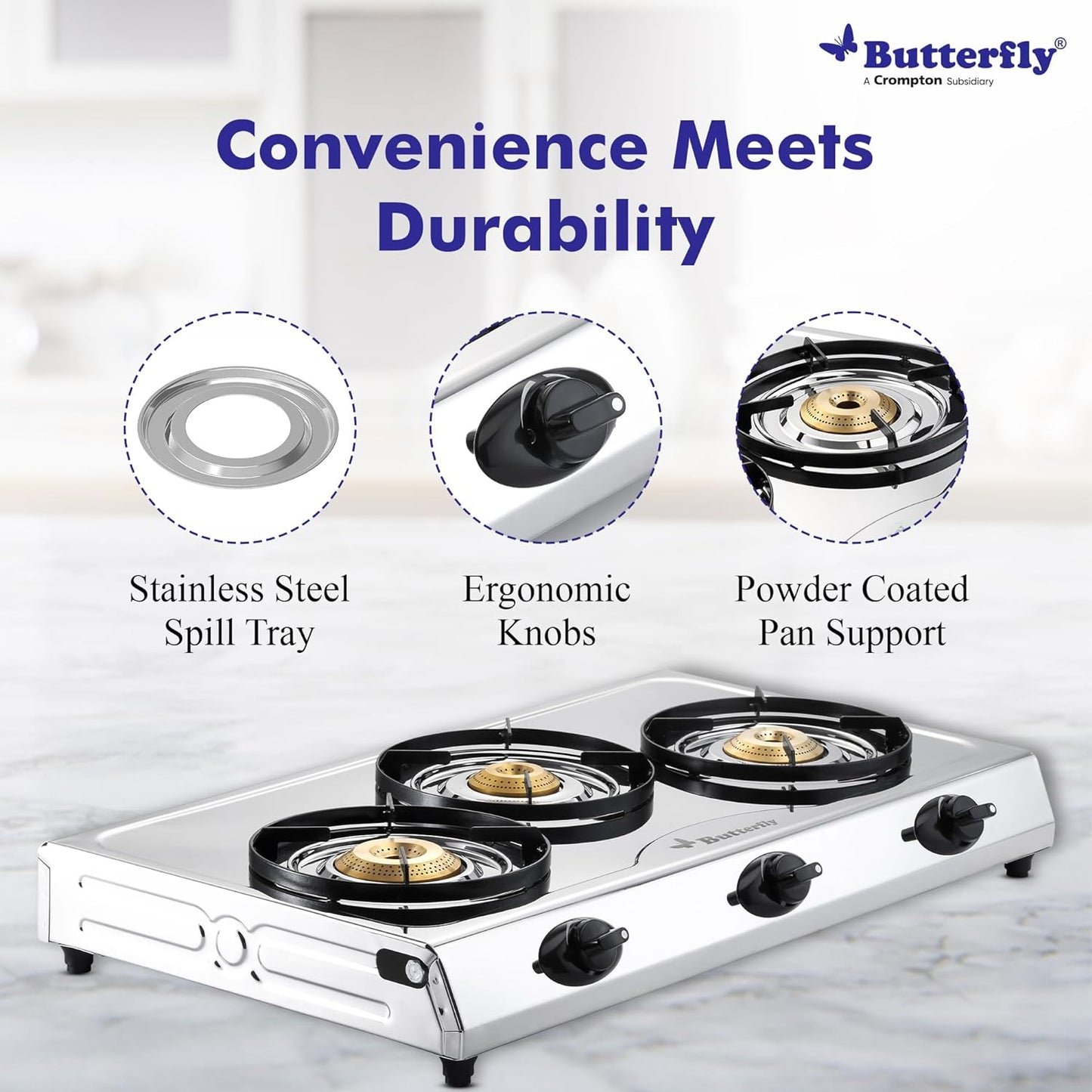 Butterfly Bolt Shakti Stainless Steel Gas Stove, 3 Burner