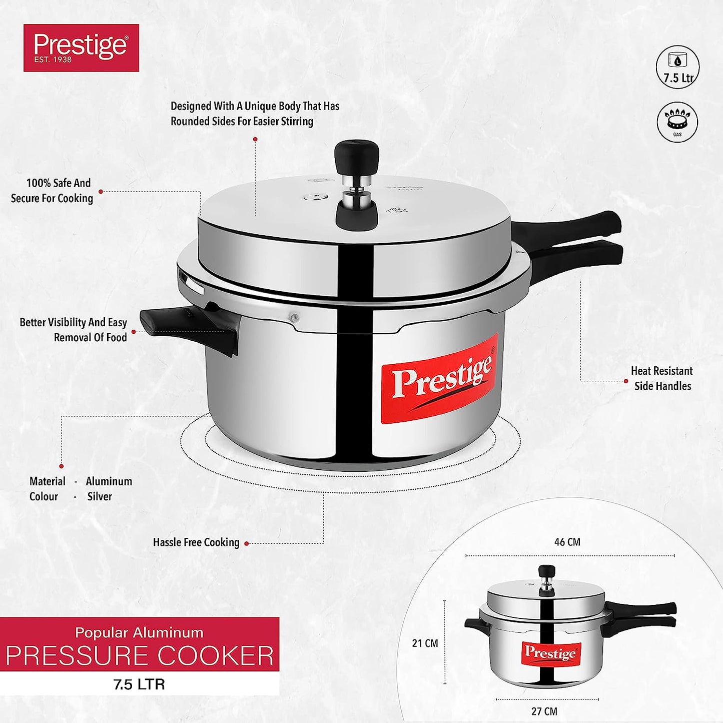 Prestige Popular Aluminium Non-Induction Base Outer Lid Pressure Cooker, 7.5 Litres