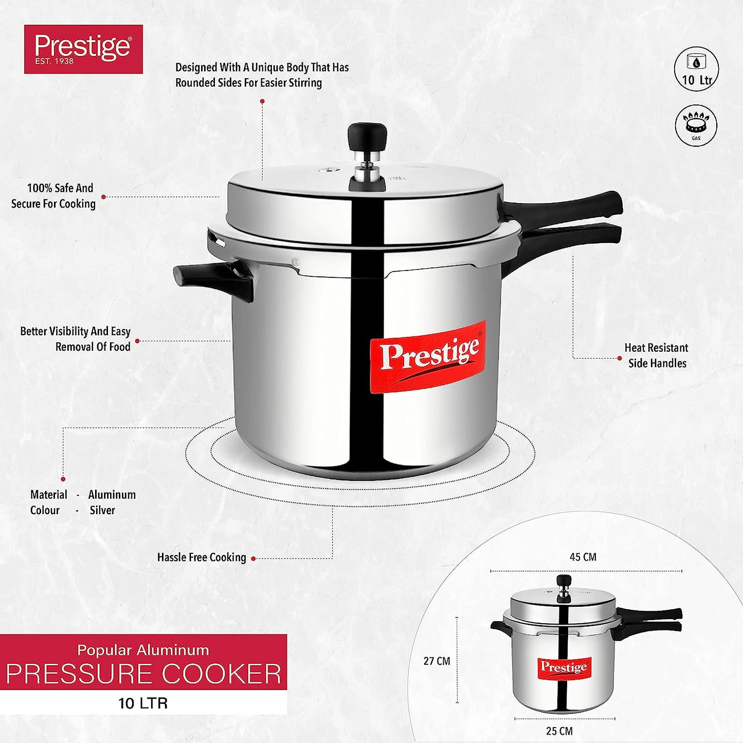 Prestige Popular Aluminium Non-Induction Base Outer Lid Pressure Cooker, 10 Litres