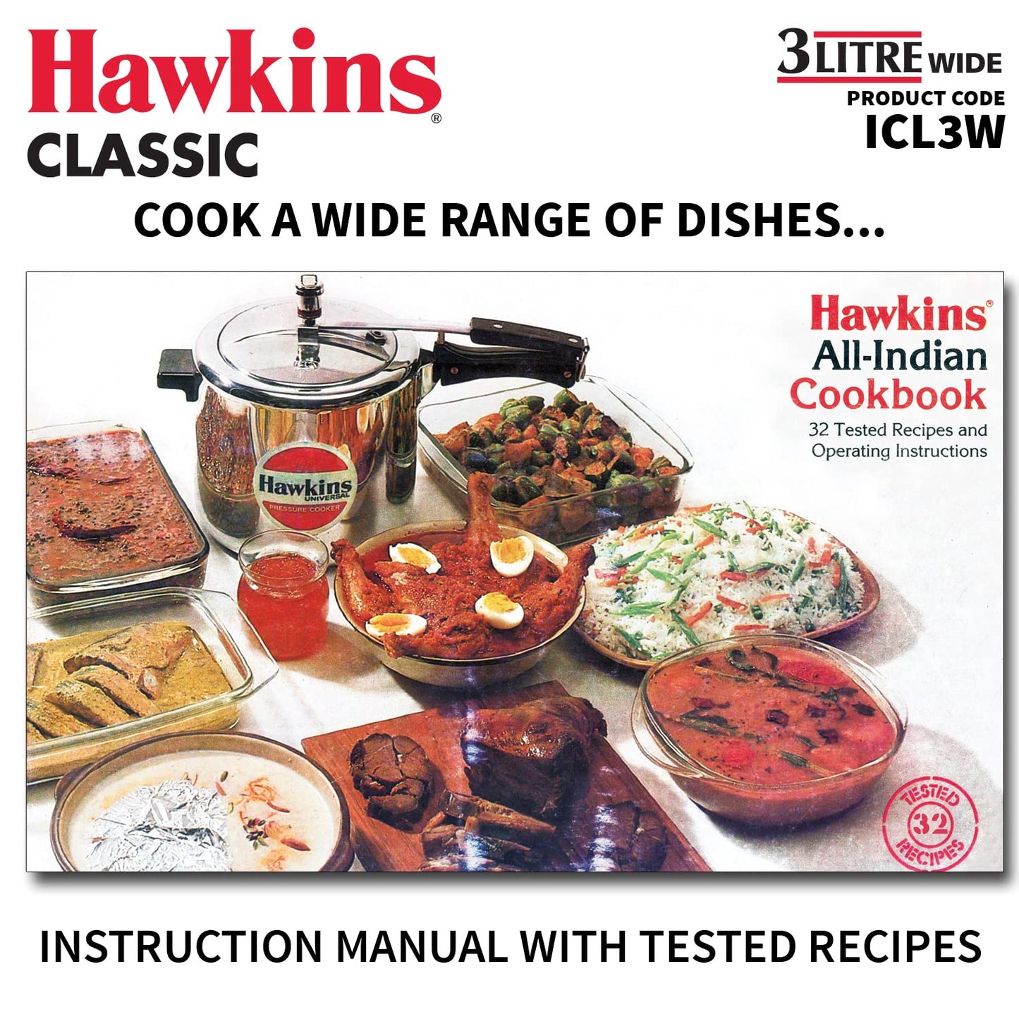 Hawkins Classic Aluminium Induction Base Inner Lid Pressure Cooker, 3 Litres Wide