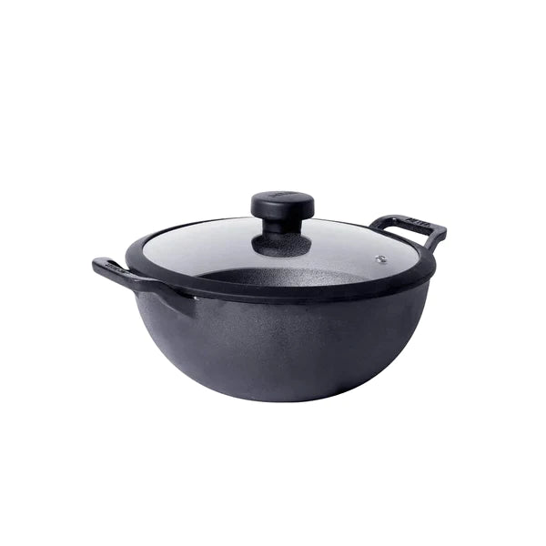 Meyer Pre-Seasoned Cast Iron Deep Kadai with Glass Lid