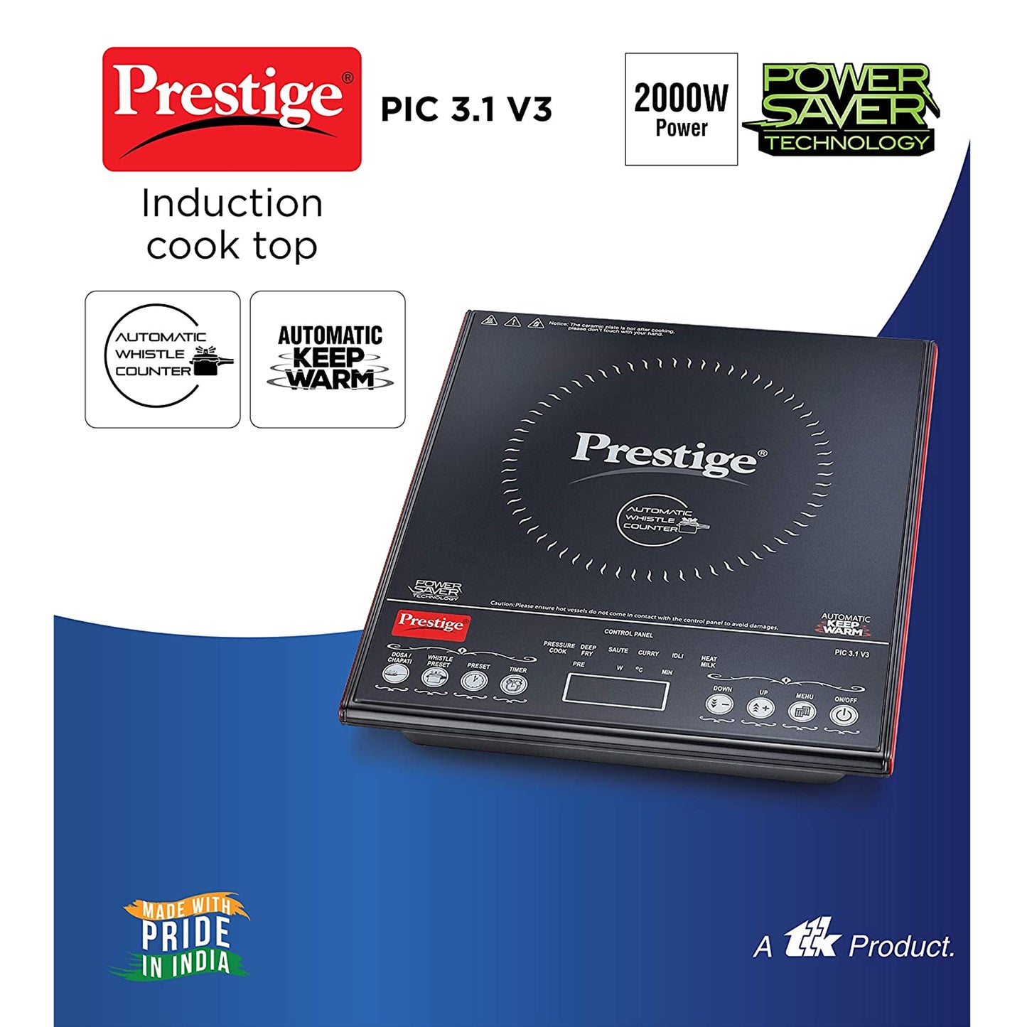 Prestige PIC 3.1 V3 Microcrystal Glass Panel Induction Cooktop, 2000W