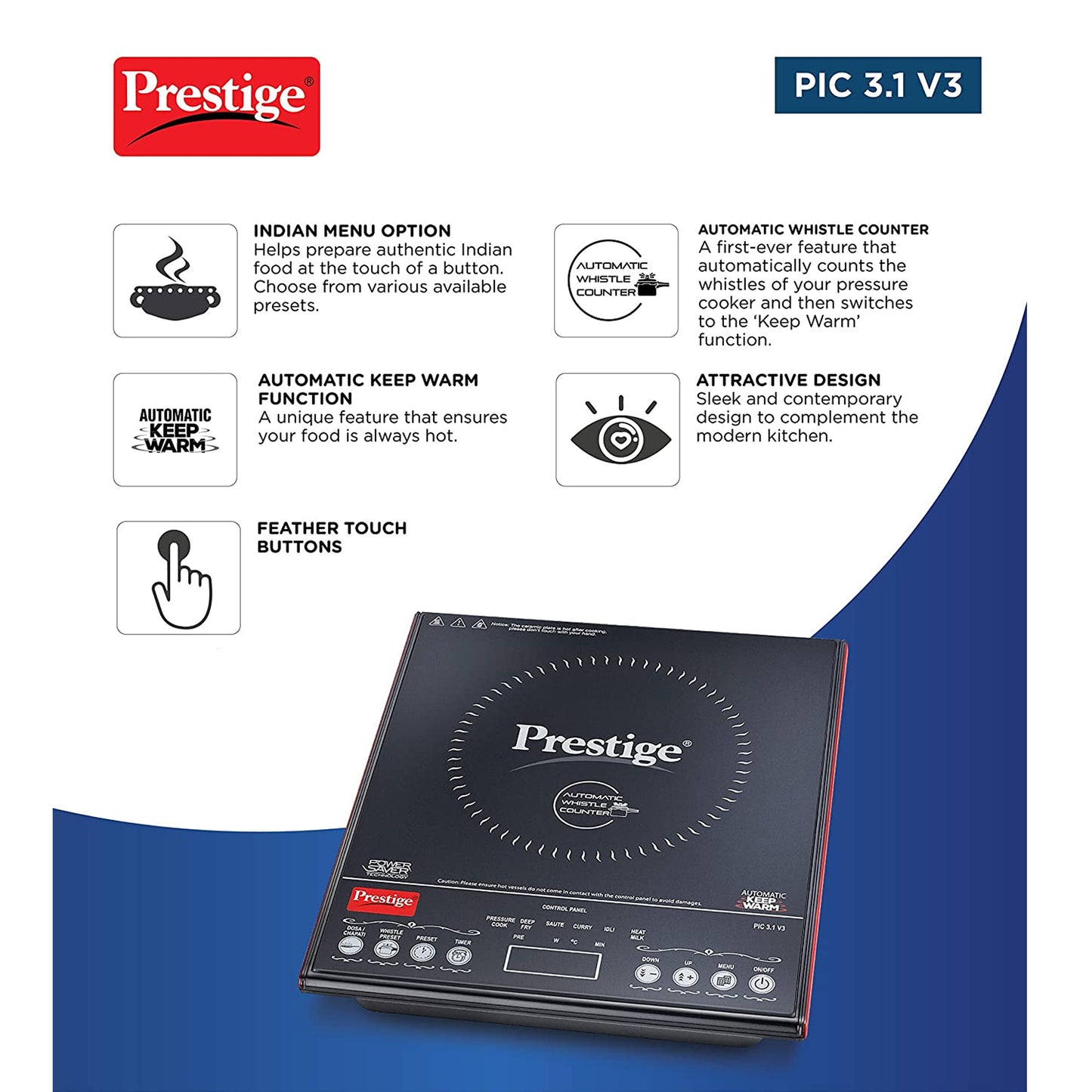 Prestige PIC 3.1 V3 Microcrystal Glass Panel Induction Cooktop, 2000W