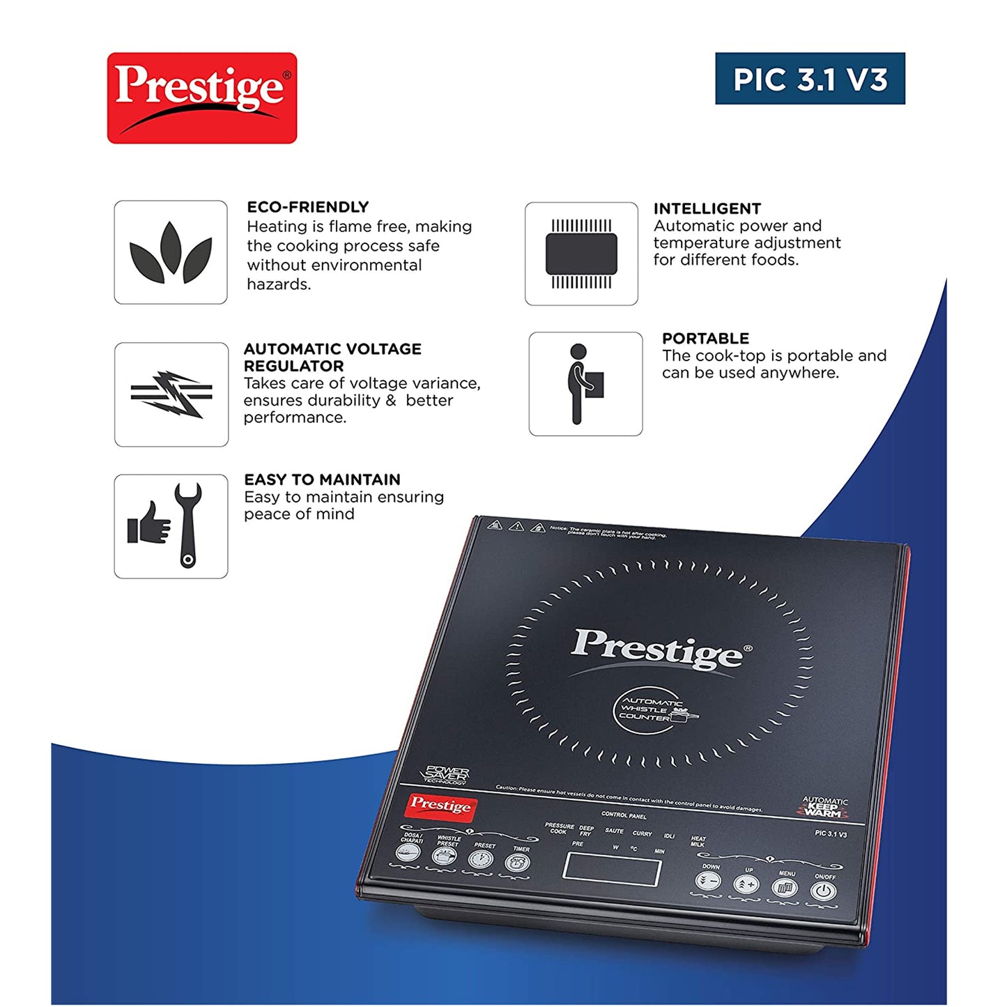 Prestige PIC 3.1 V3 Microcrystal Glass Panel Induction Cooktop, 2000W