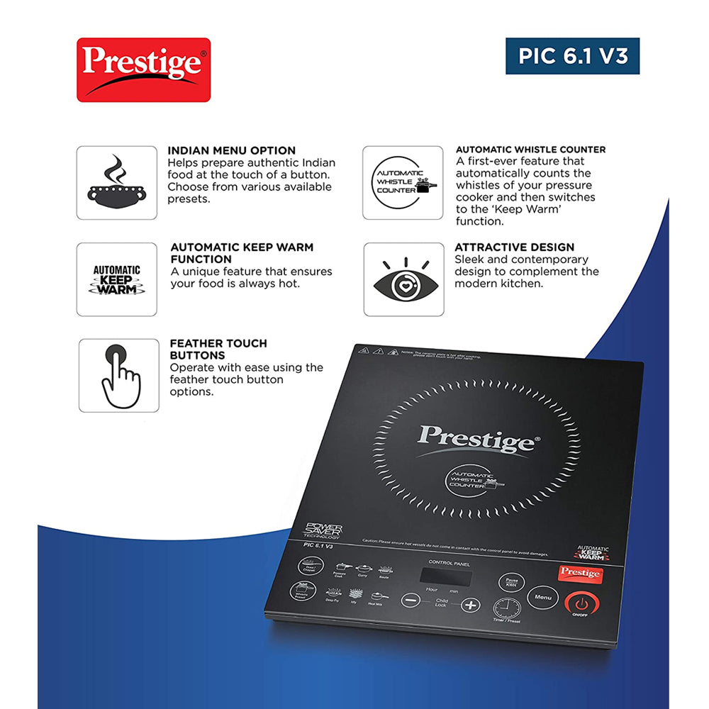 Prestige PIC 6.1 V3 Microcrystal Glass Panel Induction Cooktop, 2200W