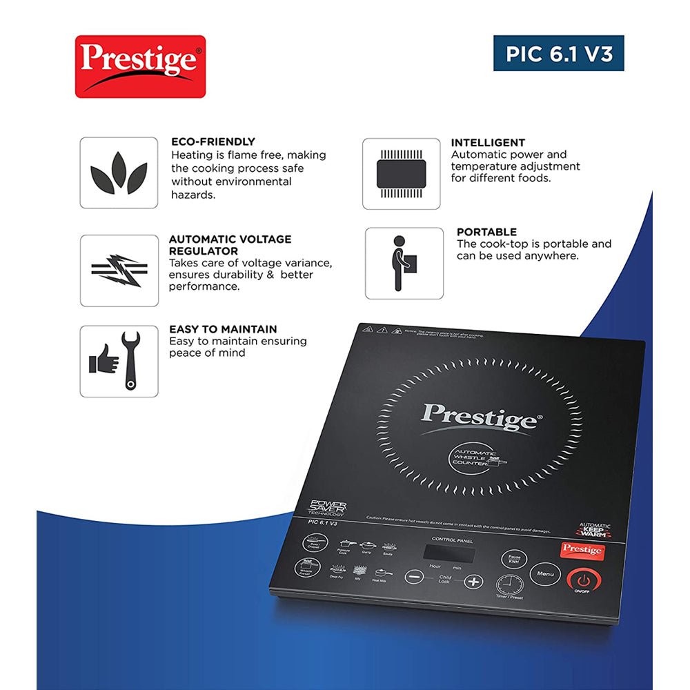 Prestige PIC 6.1 V3 Microcrystal Glass Panel Induction Cooktop, 2200W