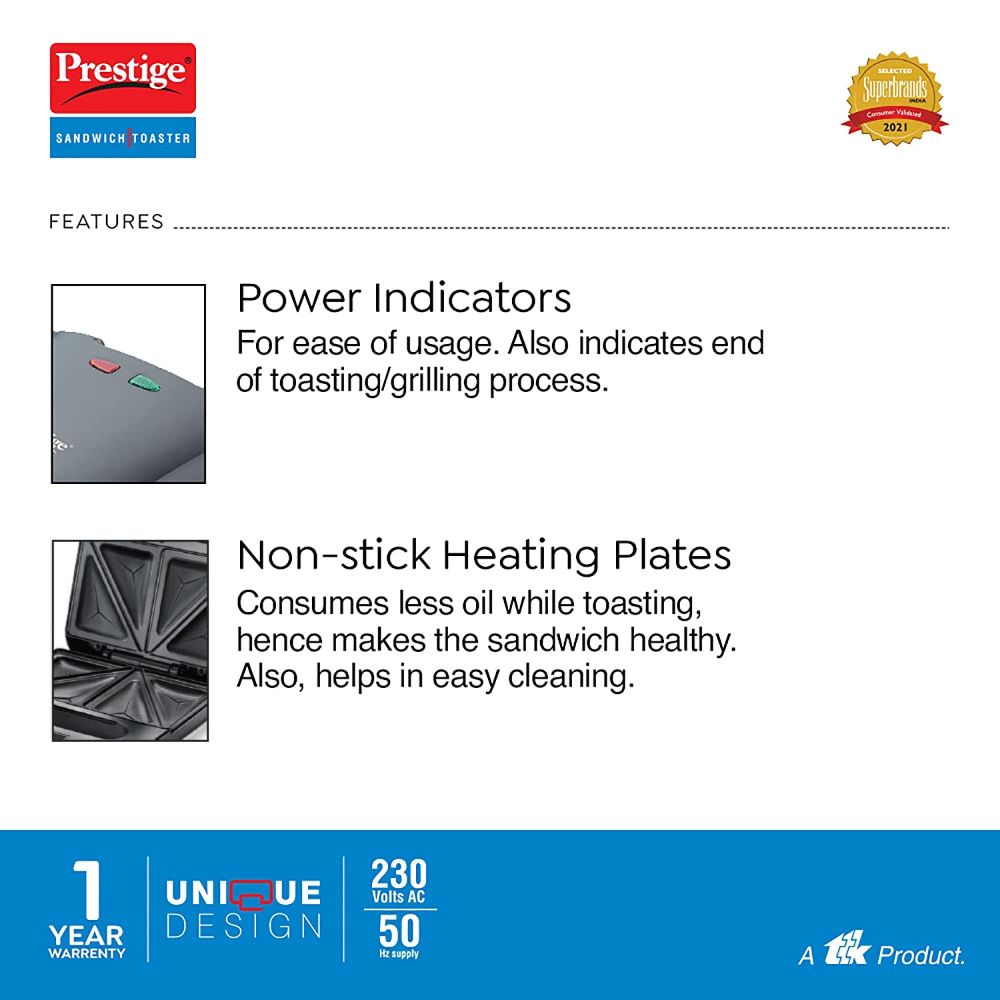 Prestige PSMFB Sandwich Maker with Fixed Sandwich Plates, 800W