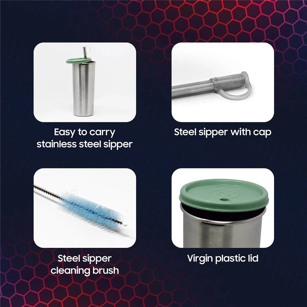 Signoraware Sip Fast Stainless Steel Glass with 1 Straw and 2 Lids