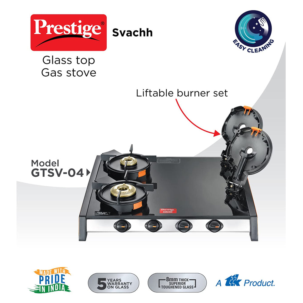 Prestige Svachh GTSV 04 Toughened Glass Top Gas Stove with Liftable Burner Set, 4 Burners