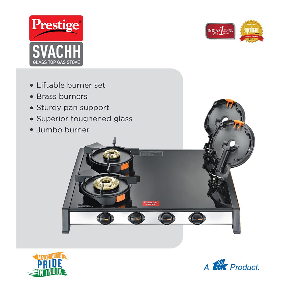 Prestige Svachh GTSV 04 Toughened Glass Top Gas Stove with Liftable Burner Set, 4 Burners