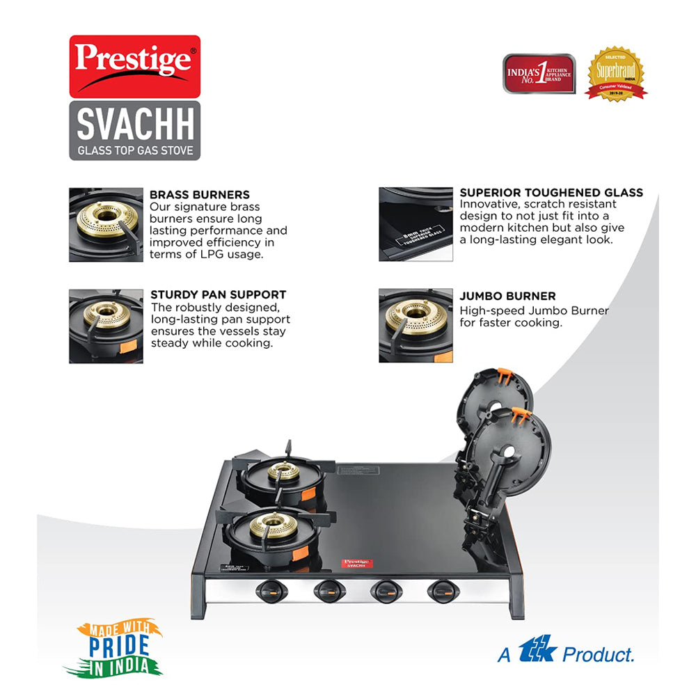 Prestige Svachh GTSV 04 Toughened Glass Top Gas Stove with Liftable Burner Set, 4 Burners