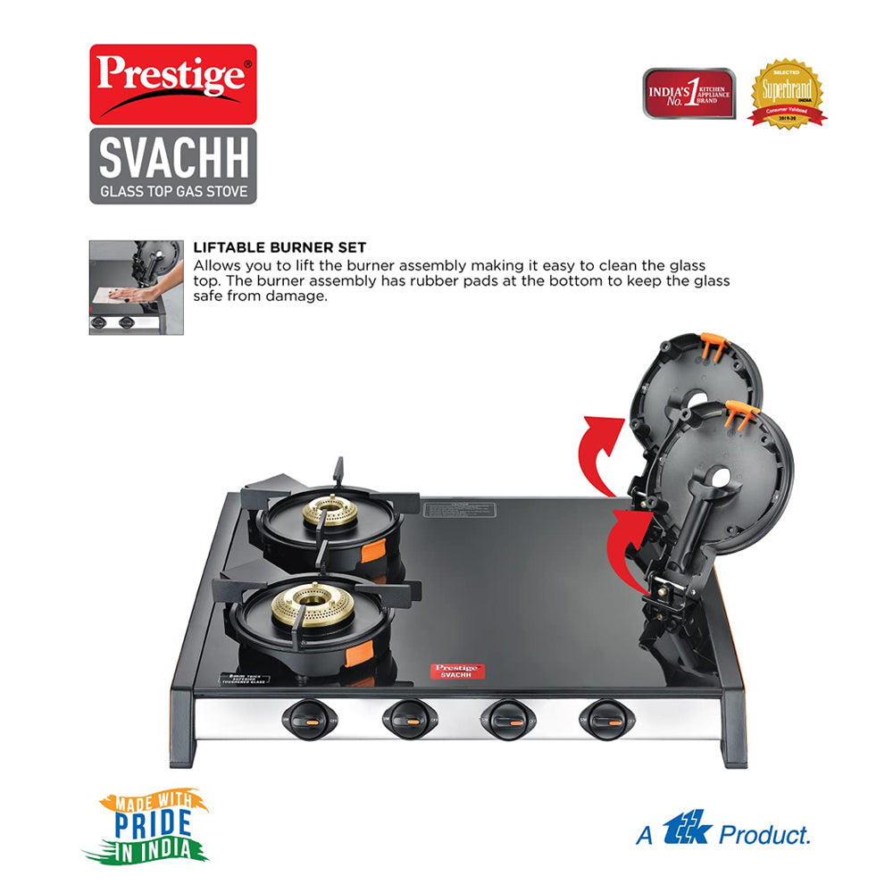 Prestige Svachh GTSV 04 Toughened Glass Top Gas Stove with Liftable Burner Set, 4 Burners