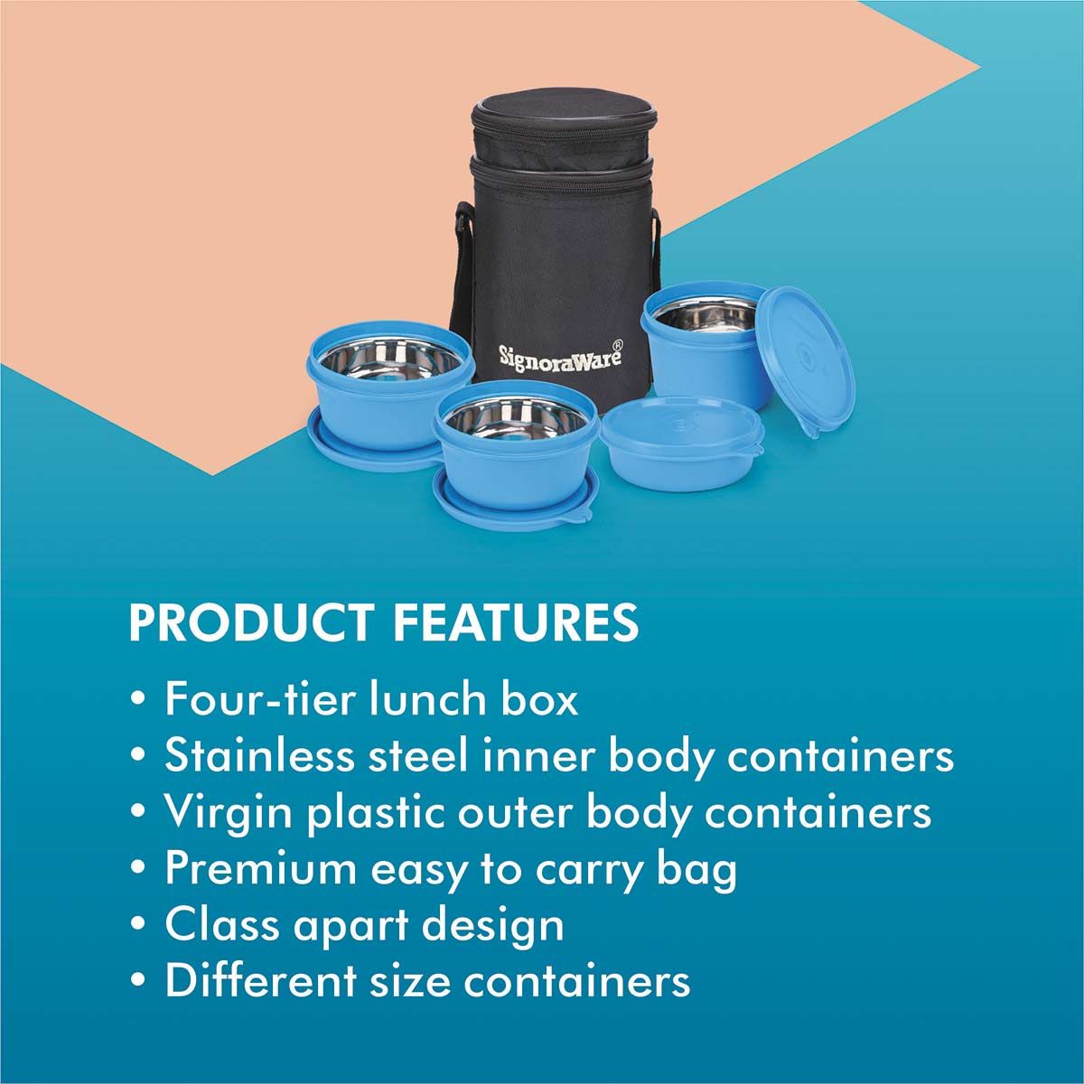 Signoraware Monarch Executive Microsafe Steel Stainless Steel Inner Lunch Box with Bag