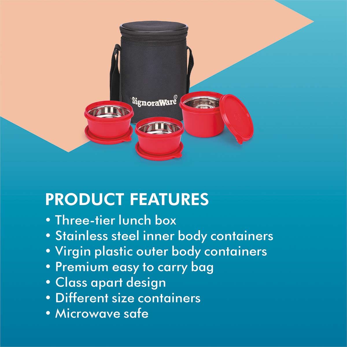 Signoraware Monarch Executive Microsafe Steel Stainless Steel Inner Lunch Box with Bag