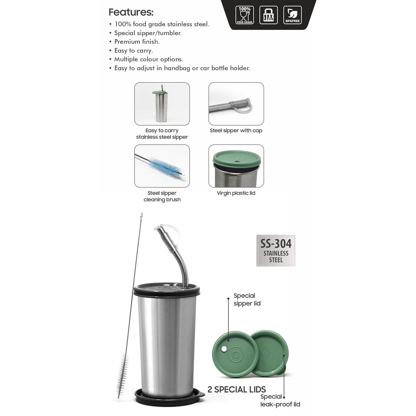 Signoraware Sip Fast Stainless Steel Glass with 1 Straw and 2 Lids