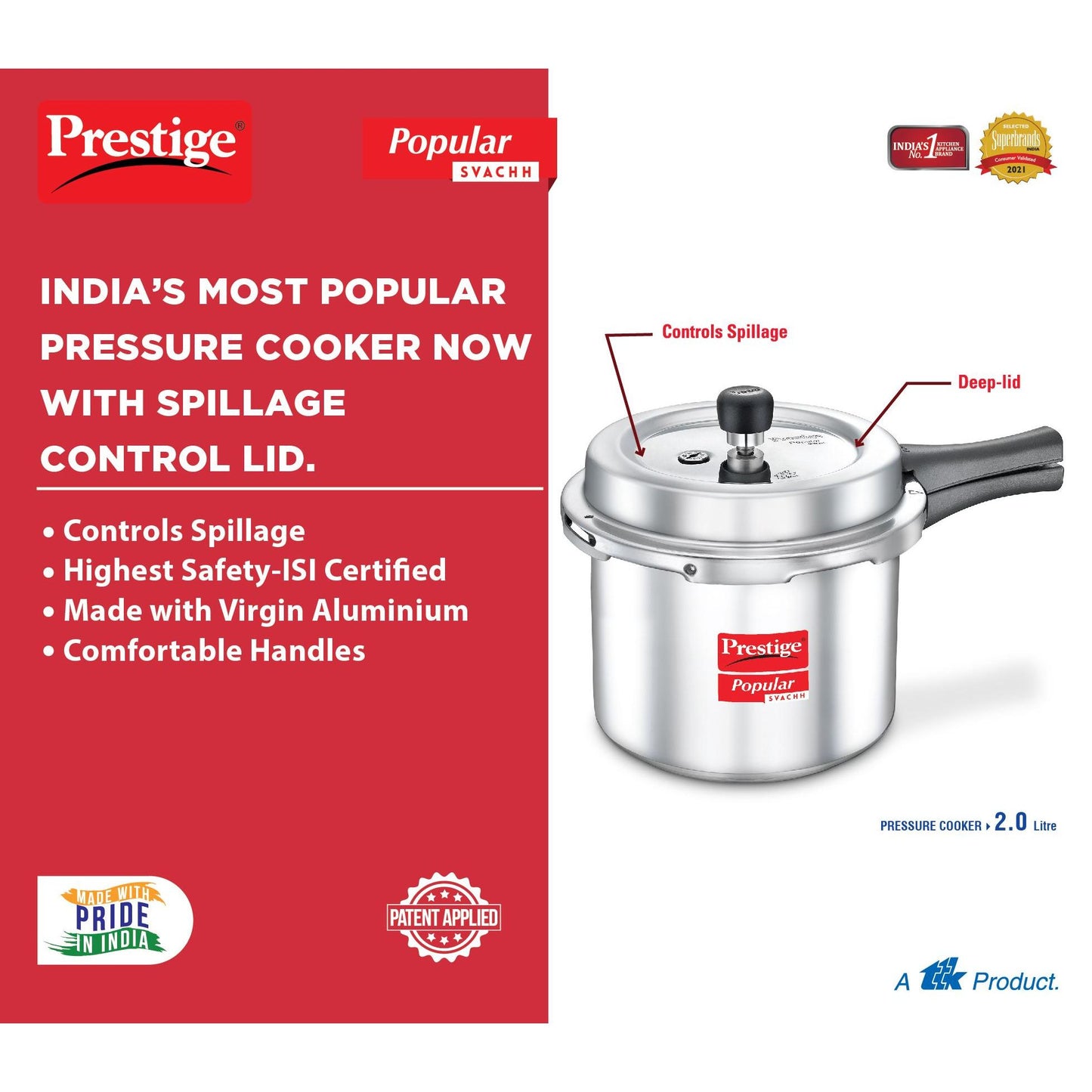 Prestige Popular Svachh Aluminium Non-Induction Base Outer Lid Pressure Cooker, 2 Litre