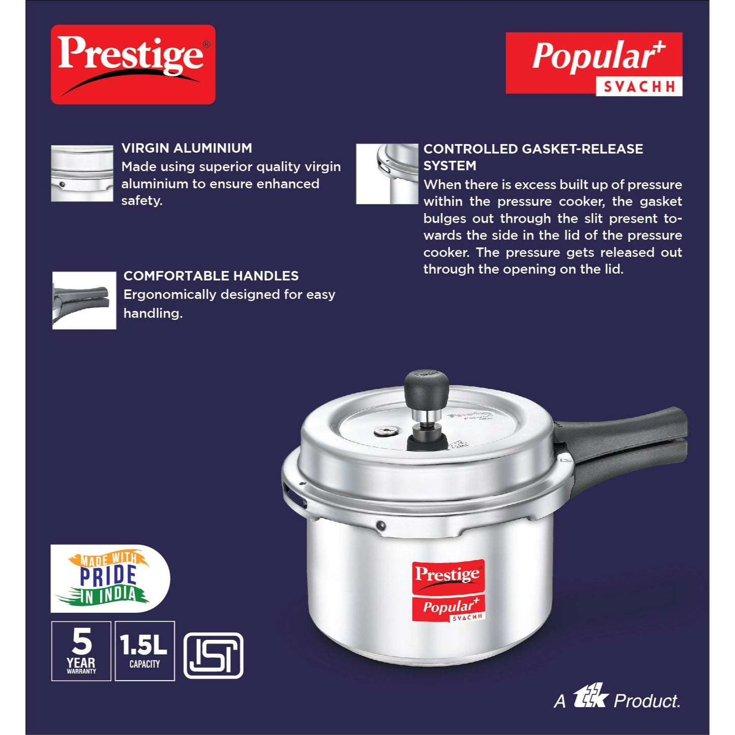 Prestige Popular Plus Svachh Aluminium Induction Base Outer Lid Pressure Cooker, 1.5 Litre