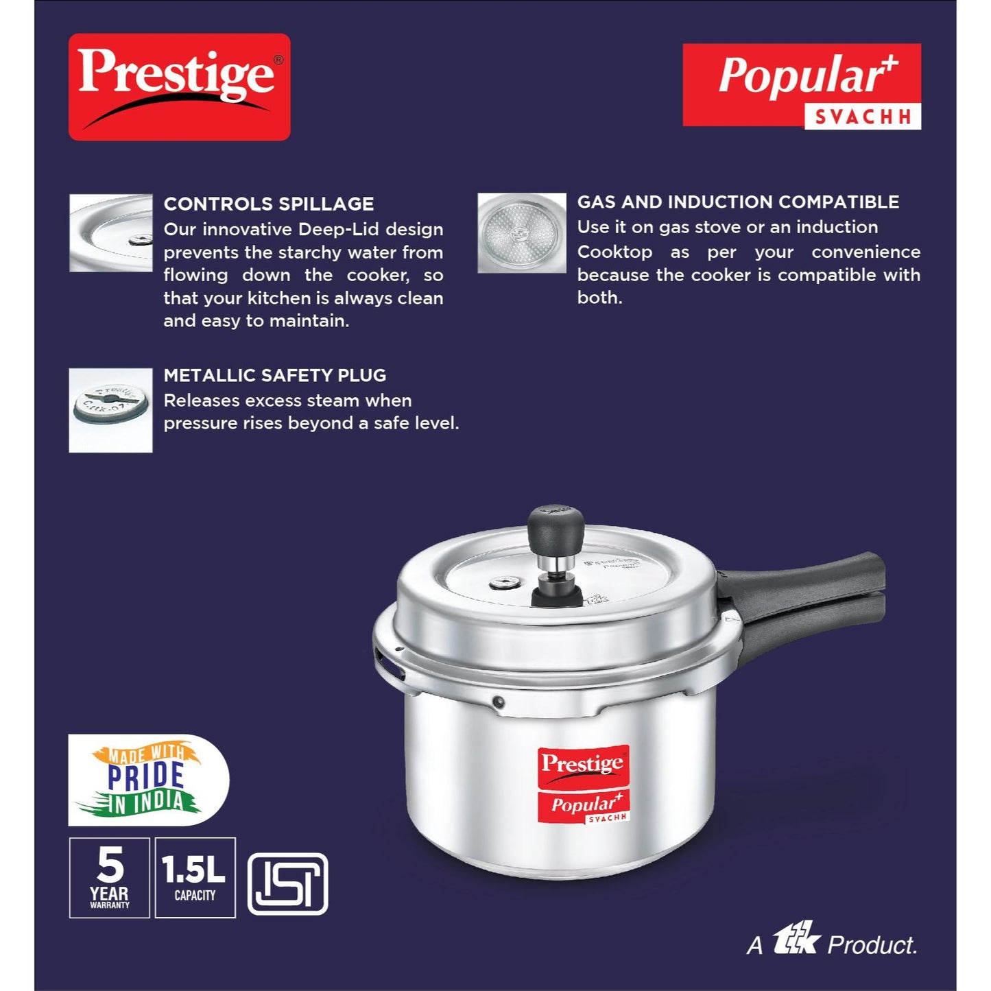 Prestige Popular Plus Svachh Aluminium Induction Base Outer Lid Pressure Cooker, 1.5 Litre
