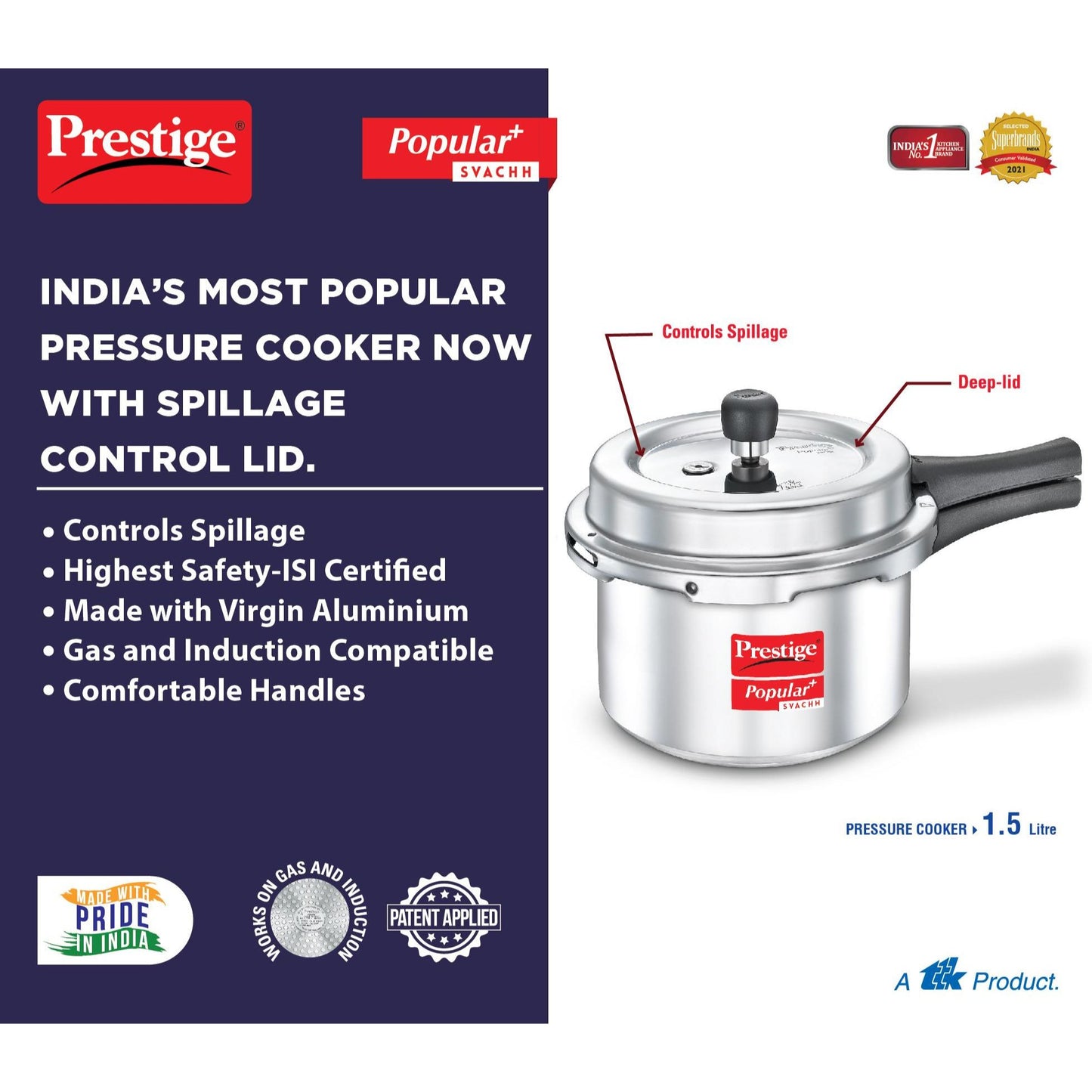 Prestige Popular Plus Svachh Aluminium Induction Base Outer Lid Pressure Cooker, 1.5 Litre
