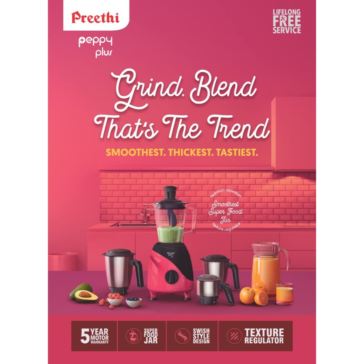Preethi Peppy Plus MG-246 Mixer Grinder, 750W, 4 Jar