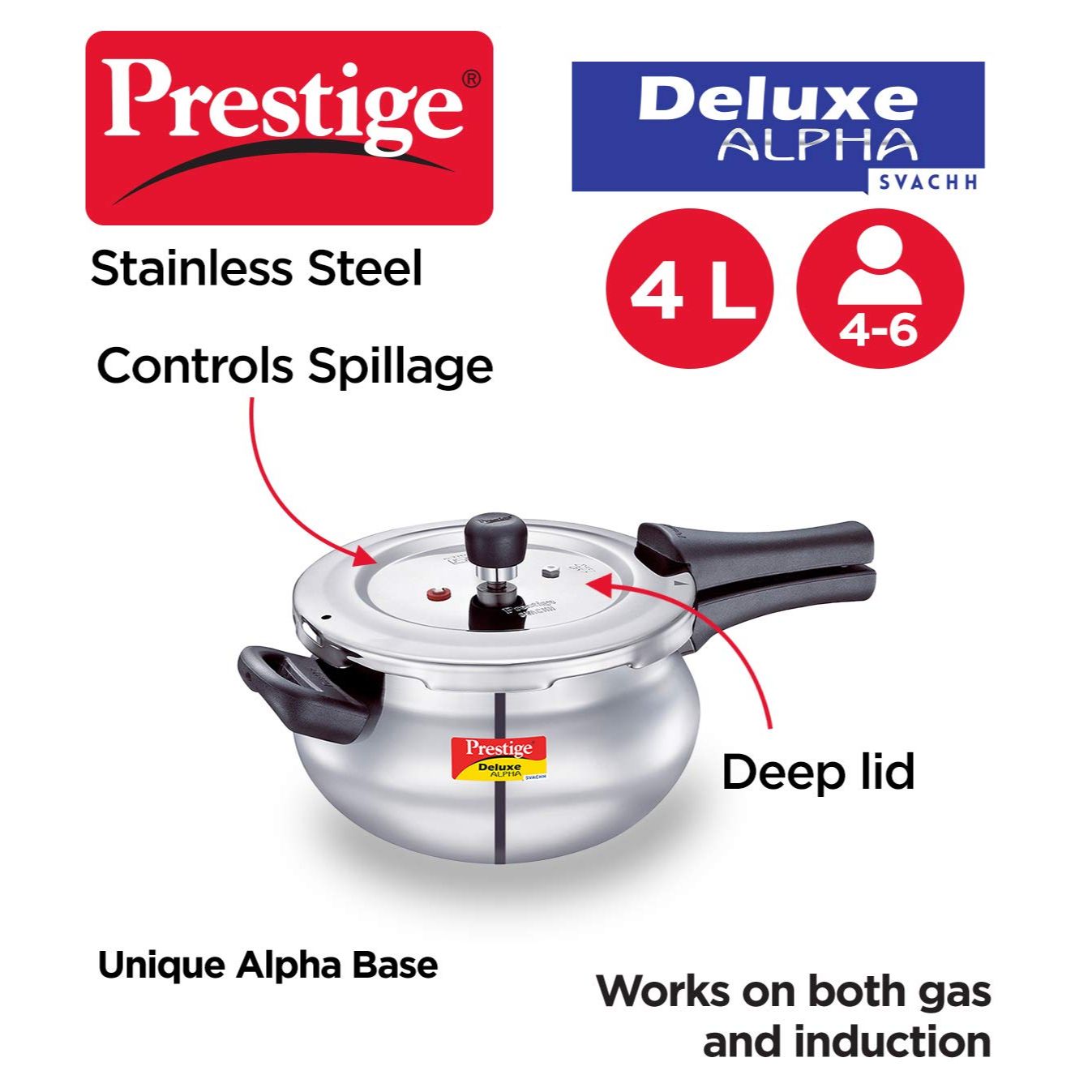 Prestige Deluxe Alpha Svachh Stainless Steel Induction Base Outer Lid Pressure Cooker Junior Handi, 4 Litres