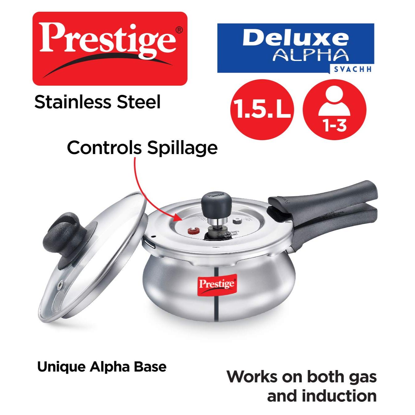 Prestige Deluxe Alpha Svachh Stainless Steel Induction Base Pressure Cooker Handi with Glass Lid, 1.5 Litres