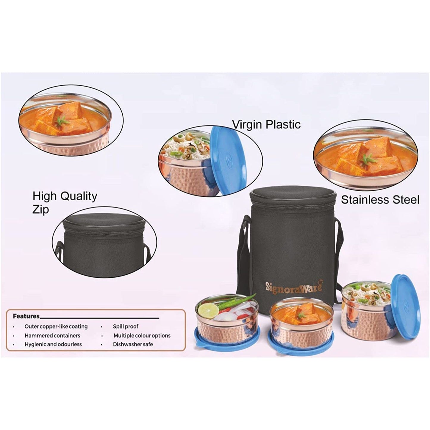 Signoraware Executive Copper Stainless Steel Inner Lunch Box with Bag