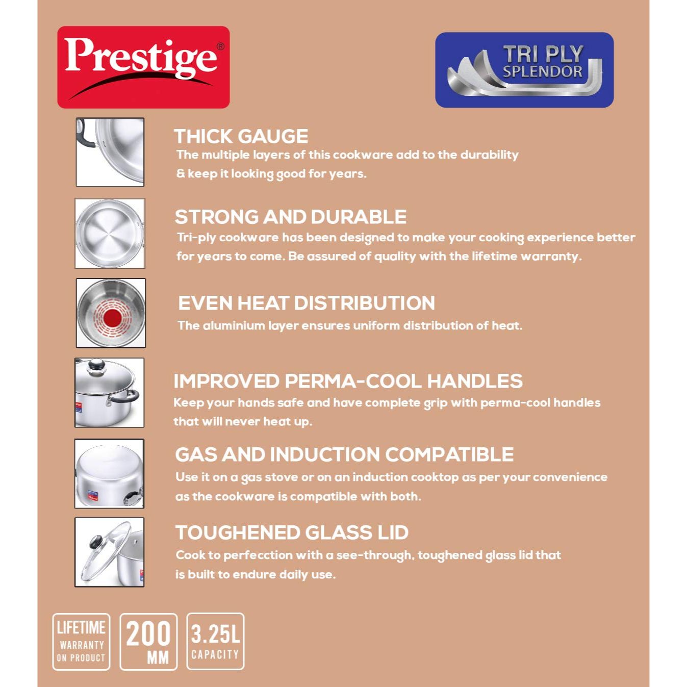 Prestige Tri Ply Splendor Stainless Steel Gas and Induction Compatible Casserole with Glass Lid