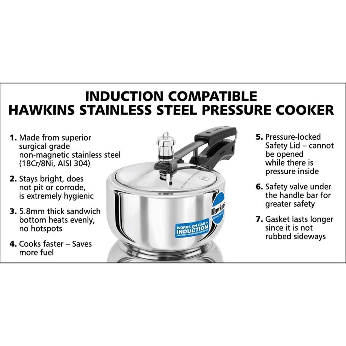 Hawkins Stainless Steel Induction Base Inner Lid Pressure Cooker, 2 Litres