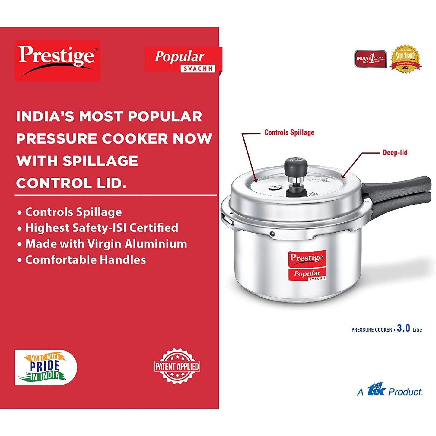 Prestige Popular Svachh Aluminium Non-Induction Base Outer Lid Pressure Cooker, 3 Litres