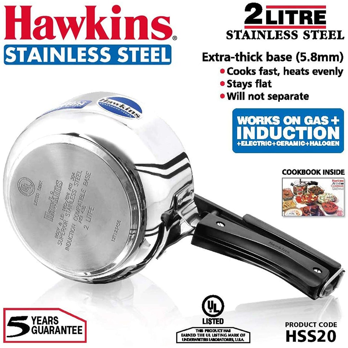 Hawkins Stainless Steel Induction Base Inner Lid Pressure Cooker, 2 Litres