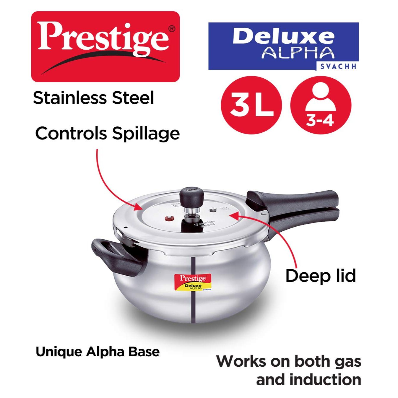 Prestige Deluxe Alpha Svachh Stainless Steel Induction Base Outer Lid Pressure Cooker Handi, 3 Litres